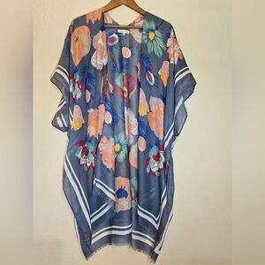 Woven Heart Kimono Duster Coverup Womens OS Blue Floral‎